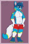 anthro balls_outline biped blue_ears blue_hair border boxer_briefs bulge cheek_tuft chest_tuft claws clothed clothing clothing_pull colored_nails cute_fangs detailed_bulge digitigrade dipstick_tail eyebrow_through_hair eyebrows facial_tuft fangs fur genital_outline gloves_(marking) grey_eyes grin hair hand_in_underwear inner_ear_fluff looking_aside male markings multicolored_body multicolored_ears multicolored_fur multicolored_tail nails narrowed_eyes neck_tuft partially_clothed pink_border pink_inner_ear pink_nose red_clothing red_underwear sheath_outline simple_background smile smirk smug solo tail tail_markings teeth toe_claws translucent translucent_hair tuft two_tone_ears underwear white_body white_fur yellow_body yellow_fur yellow_nails gaokun ferdinand_the_folf canid canine mammal 2021 hi_res watermark