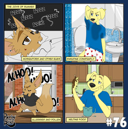anthro bathroom bedroom bodily_fluids border bottomwear clothed clothed_anthro clothed_male clothing dessert duo floppy_ears food fully_clothed fully_clothed_anthro fully_clothed_male humor ice_cream kitchen male melting melting_ice_cream panel_symmetry piercing shirt shorts sitting sneeze summer sweat sweaty_body t-shirt tail toilet topwear ariesartist ben_(ariesartist) roger_(ariesartist) arthropod bird_dog canid canine canis domestic_dog fennec_fox fly_(animal) fox hunting_dog insect labrador mammal mosquito retriever true_fox absurd_res comic hi_res