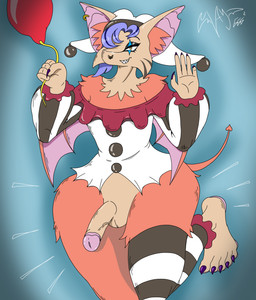 anthro balls bat_ears bat_wings blue_hair breasts clothed clothing clown_costume femboy genitals hair humanoid_genitalia humanoid_penis long_ears male membrane_(anatomy) membranous_wings no_underwear penis small_breasts smile solo wings yellow_eyes vamp666s fan_character bat mammal absurd_res hi_res