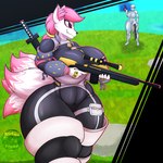 anthro big_breasts black_bodysuit black_clothing black_skinsuit bodysuit breasts clothing dipstick_tail duo female fur gun hair handgun huge_breasts huge_thighs hyper hyper_thighs markings melee_weapon multicolored_body multicolored_fur pink_body pink_eyes pink_fur pink_hair pistol ranged_weapon rifle shotgun skinsuit sniper_rifle sword tail tail_markings thick_thighs tight_clothing weapon white_body white_bodysuit white_clothing white_fur white_skinsuit nightlyflare epic_games fortnite kimiko_five-tails canid canine fox human mammal hi_res