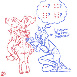 3_fingers 3_toes 8_nipples ambiguous_gender ambiguous_human anthro arm_tuft belly_nipples biped blush blush_lines breasts cheek_tuft chest_tuft claws clothed clothed_ambiguous clothed_human clothing coat dipstick_tail directional_arrow duo embarrassed eyebrows eyewear facial_tuft feet female female_anthro fingers fluffy fluffy_tail footwear front_view fully_clothed fully_clothed_ambiguous fully_clothed_human fur furrowed_eyebrows glasses hair hip_tuft inner_ear_fluff kneeling lab_coat logo looking_down looking_down_at_another magnifying_glass markings mouth_closed multi_nipple navel nipples nude nude_anthro nude_female object_in_tail open_mouth paws question_mark shoes shoulder_tuft side_view simple_background small_breasts standing stick stick_in_tail tail tail_markings tapering_snout text thought_bubble toe_claws toes topwear tuft wavy_mouth white_background devilmachinetv nintendo pokemon braixen canid generation_6_pokemon human mammal pokemon_(species) 1:1 2026 aliasing artist_logo binary_drawing digital_drawing_(artwork) digital_media_(artwork) english_text