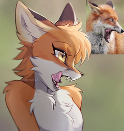anthro black_markings black_nose cheek_tuft chest_tuft eyelashes facial_tuft fangs female fur hair licking licking_lips long_eyelashes markings open_mouth orange_body orange_fur orange_hair short_hair side_view simple_background snout solo teeth tongue tongue_out tuft white_body white_fur yellow_eyes 3rdperson_iz canid canine fox mammal red_fox true_fox colored digital_drawing_(artwork) digital_media_(artwork) reference_image shaded