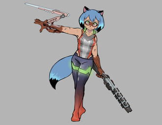anthro arm_blade biped blade blue_hair bottomwear breasts clothed clothing cosplay crossover_cosplay cybernetic_limb cybernetics cyberpunk dipstick_tail facial_markings female front_view gloves_(marking) glowing glowing_eyes grey_background gun hair head_markings holding_gun holding_object holding_ranged_weapon holding_shotgun holding_weapon leotard looking_at_viewer machine markings mask_(marking) medium_breasts melee_weapon ranged_weapon shorts shotgun simple_background solo standing tail tail_markings tan_body voice_actor_joke weapon high5art brand_new_animal cd_projekt_red cyberpunk_2077 studio_trigger michiru_kagemori v_(cyberpunk_2077) canid canine cyborg mammal raccoon_dog tanuki 2022 crossover digital_drawing_(artwork) digital_media_(artwork) full-length_portrait hi_res portrait