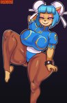 adapted_costume anthro big_breasts blue_hair breasts clothed clothing cosplay double_bun eyeshadow female hair leotard makeup puffy_sleeves short_sleeves smile solo thick_thighs toeless_legwear dongitos activision capcom crash_bandicoot_(series) street_fighter chun-li megumi_bandicoot bandicoot mammal marsupial absurd_res hi_res