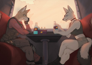 anthro beverage bottle clothing container duo eye_patch eyewear female furniture nuka-cola pockets sitting sofa tail window kirkir fallout microsoft whisper_(gabrielofcreosha) canid canine canis fox jackal mammal 2019 digital_media_(artwork)