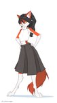 3_toes 4_fingers anthro barefoot black_hair bottomwear clothing digitigrade exposed_belly feet female fingers fluffy fluffy_tail fur hair hands_on_hips inner_ear_fluff long_hair looking_at_viewer navel ponytail red_body red_fur simple_eyes skirt sleeveless_shirt smile solo tail toes tuft white_body white_fur yellow_eyes vistamage domestic_cat felid feline felis mammal hi_res