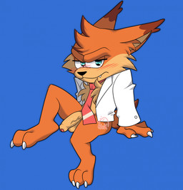 accessory anthro balls blue_background blush claws clothed clothing embarrassed foreskin fur genitals half-erect male necktie orange_body orange_fur partially_clothed penis simple_background solo scarlet-hex bubsy_(series) bubsy_4d bubsy_bobcat bobcat felid feline lynx mammal hi_res