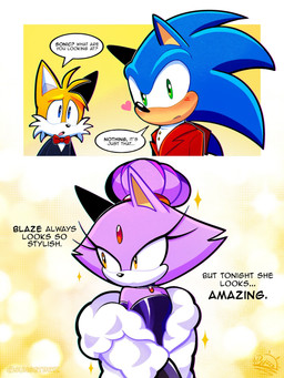 anthro blue_eyes blush bow_tie clothing dialogue dress duo female green_eyes group hair hair_bun hair_up heart_symbol hero male male/female princess royalty sparkles speech_bubble suit text trio yellow_eyes sunsetbriz sega sonic_the_hedgehog_(series) blaze_the_cat miles_prower sonic_the_hedgehog canid canine domestic_cat eulipotyphlan felid feline felis fox hedgehog mammal comic hi_res