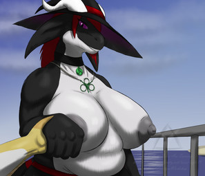 anthro areola bare_breasts belly big_breasts bottomwear breasts clothed clothing curvy_figure duo female female_anthro grey_areola grey_nipples hair hand_holding happy hat headgear headwear horn huge_breasts jewelry necklace nipples non-mammal_breasts non-mammal_nipples overweight overweight_anthro overweight_female pier pupils purple_eyes red_hair sea shoreline shorts slightly_chubby slightly_chubby_anthro slightly_chubby_female slit_pupils topless topless_female voluptuous water white_belly wide_hips witch_hat mythology calavera_(covenant) dragon mythological_creature mythological_scalie reptile scalie absurd_res hi_res