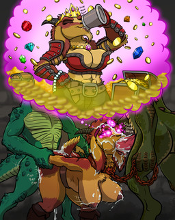alcohol anthro areola armor beer belt beverage bodily_fluids breasts bukkake chain chain_leash cleavage clothed clothing coin collar contest crown cum diamond_(gem) double_penetration drinking emerald_(gem) face_fucking fantasy female gauntlets gem genital_fluids genitals gloves gold_(metal) gold_coin green_body green_scales group handwear headgear horn hypnosis irrumatio jewelry leash male male/female mind_control necklace nipples obscured_penetration oral oral_penetration penetration penile penis penis_in_mouth prisoner ruby_(gem) sapphire_(gem) scales sex slave tankard thought_bubble tiara treasure_chest trio warrior omny87 bovid caprine goat kobold mammal scalie hi_res