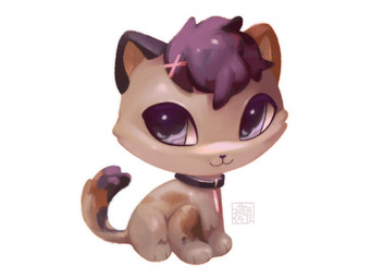 accessory ambiguous_gender big_eyes big_head chibi collar collar_only feral fur fur_markings hair_accessory hairclip head_tuft markings nude paws pointy_ears prick_ears sitting smile solo style_emulation tail tuft bitterk4t hasbro littlest_pet_shop calico_cat domestic_cat felid feline felis mammal 4:3 colored digital_media_(artwork) digital_painting_(artwork) hi_res painting_(artwork) shaded