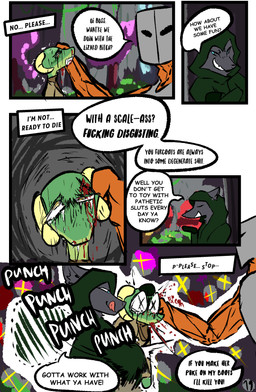 anthro blood blood_on_face bodily_fluids dialogue female gore green_body grey_body group holding_horn horn male profanity punch sadism tears text trio brradett microsoft the_elder_scrolls lernie_(brradett) argonian canid canine human mammal scalie absurd_res comic english_text hi_res
