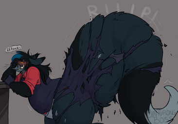 anthro belly big_butt big_tail blush bodily_fluids bottomwear butt clothing drooling female female_anthro grey_background growth hair huge_tail hyper hyper_tail implied_transformation long_hair looking_pleasured pants profanity saliva side_view simple_background solo tail tail_burst tail_growth thick_thighs tomboy torn_bottomwear torn_clothing torn_pants transformation wide_hips werewolfaboo binturong kangaroo macropod mammal marsupial viverrid 2024 hi_res