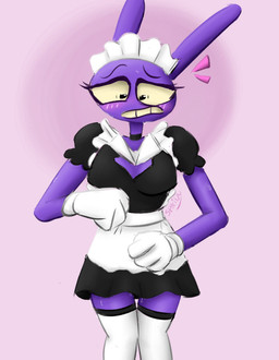 anthro apron black_bottomwear black_clothing black_dress black_skirt blush bodily_fluids bottomwear buckteeth clothed clothing crossdressing crossgender dress embarrassed fur garter_straps gloves half-closed_eyes handwear headgear headwear legwear long_ears looking_down maid_headdress maid_uniform male narrowed_eyes nervous pink_background puffy_sleeves purple_body purple_fur rabbit_ears shy simple_background skirt solo standing sweat sweatdrop teeth thigh_highs uniform white_apron white_clothing white_gloves white_handwear white_thighhighs worried yellow_sclera spaidynator glitch_productions the_amazing_digital_circus jax_(tadc) lagomorph leporid mammal rabbit digital_media_(artwork) signature