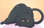 anthro ass_up bed big_butt black_body black_fur black_hair black_nose butt eyelashes female fur furniture hair heart_symbol huge_butt looking_at_viewer nude pupils short_hair slit_pupils solo thick_thighs wide_hips yellow_eyes yellow_sclera dullyarts marriot_(dullyarts) domestic_cat felid feline felis mammal 2022 hi_res