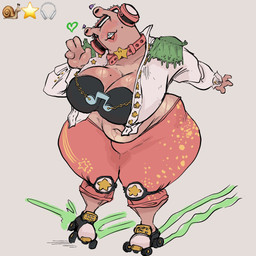 4_fingers anthro belly big_breasts biped black_bra black_clothing black_underwear blush blushing_profusely bottomwear bra braces breasts button_(fastener) chain clothed clothed_anthro clothed_female clothing collar electronics emoji eyes_closed female fingers footwear freckled_face freckles fully_clothed fully_clothed_anthro fully_clothed_female gesture glistening glistening_breasts green_heart grey_background hand_gesture head_tilt headphones heart_symbol humanoid_hands jacket knee_pads light_body light_skin lipstick makeup markings mole_(marking) monotone_background multicolored_bottomwear multicolored_clothing musical_note musical_symbol non-mammal_breasts open_clothing open_jacket open_mouth open_smile open_topwear overweight overweight_anthro overweight_female pants pink_blush pink_body pink_breasts pink_collar pink_lipstick pink_skin pink_tongue print_bottomwear print_clothing print_pants purple_freckles quad_skates roller_skates simple_background skating smile solo spikes standing star symbol teeth thick_neck thick_thighs three-quarter_view tongue topwear two_tone_bottomwear two_tone_clothing two_tone_pants underwear vein veiny_breasts white_clothing white_jacket white_topwear lewdbeef gastropod mollusk snail 1:1 2025 digital_drawing_(artwork) digital_media_(artwork) full-length_portrait hi_res portrait