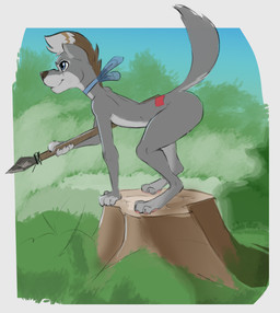 4_fingers all_fours ambiguous_anthro ambiguous_gender anthro arched_back bent_arm bent_legs black_nose blue_choker blue_eyes blue_jewelry blue_necklace blue_sky border brown_hair casual_nudity choker choker_only closed_smile countershade_face countershade_fur countershade_neck countershade_tail countershade_torso countershading day digitigrade feet fingerless_(marking) fingers fur grey_body grey_ears grey_fur grey_tail hair holding_melee_weapon holding_object holding_polearm holding_spear holding_weapon iris jewelry leg_markings markings melee_weapon mouth_closed multicolored_body multicolored_fur multicolored_hair necklace necklace_only nude nude_ambiguous nude_anthro on_stump outdoor_nudity outside outside_border plant polearm pose pupils raised_tail short_hair side_view sky slim slim_ambiguous slim_anthro smile snout socks_(marking) solo spear straight_arm tail tan_highlights toes tree_stump tribal two_tone_body two_tone_fur weapon white_body white_border white_countershading white_feet white_fingers white_fur white_markings white_sclera young young_ambiguous young_anthro katlek leika_(zaush) canid canine canis mammal wolf colored full-length_portrait pinup portrait female_(lore)