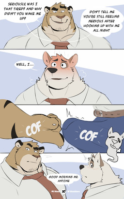 anthro barazoku biped black_eyes bottomwear clothed clothing dialogue duo erection fur genitals male manly multicolored_body multicolored_fur musclegut muscular muscular_anthro muscular_male overweight overweight_anthro overweight_male seductive teasing text toony tuft vitashi canid canine canis domestic_dog felid mammal pantherine tiger 2023 absurd_res comic english_text hi_res multiple_scenes sequence tagme