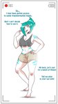 blue_hair border breasts clothed clothing comic dialogue english_text female hair human mammal markings simple_background solo strawberrytfs text white_background white_border yellow_eyes