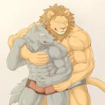 abs anthro arm_around_shoulders biceps blue_clothing blue_underwear boxer_briefs bulge clothed clothing duo eye_contact fur hug hugging_another hugging_from_behind looking_at_another male male/male muscular muscular_male pecs red_clothing red_underwear simple_background topless underwear underwear_only wildheit canid canine canis felid lion mammal pantherine wolf 1:1 2017 digital_media_(artwork)