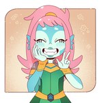 blue_body blue_skin blush eyes_closed female hair pink_hair ponytail smile solo text yakiti cleopatra_in_space dreamworks akila_theoris alien alien_humanoid animal_humanoid fish fish_humanoid humanoid marine marine_humanoid vevosonian 2020 english_text hi_res