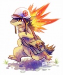 ambiguous_gender anthro bag brown_body brown_fur fire fur grass orange_eyes plant simple_background solo white_background haychel nintendo pokemon team_fortress_2 valve medic_(team_fortress_2) generation_2_pokemon mammal pokemon_(species) typhlosion crossover digital_media_(artwork)