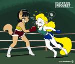 accessory anthro athletic athletic_female black_hair black_nose blonde_hair blood blood_from_mouth blood_in_mouth bodily_fluids bottomwear boxing boxing_gloves breasts bruised cleavage clothed clothing collarbone dazed dizzy dominant duo eye_bags fainting falling female female_dominating_female fight fighting_ring fluffy fluffy_tail footwear fur green_eyes grin hair hair_accessory hairband handwear high_heels motion_lines nosebleed one_sided open_mouth pink_inner_ear pink_nose punch ryona shirt shoes shorts simple_eyes smile socks speech_bubble sport stumbling tail tan_body tan_fur tank_top text tongue topwear uppercut violence white_body white_fur wounded yellow_tail joaoppereiraus animaniacs nickelodeon t.u.f.f._puppy warner_brothers kitty_katswell minerva_mink domestic_cat felid feline felis mammal mink mustelid musteline true_musteline 2019 hi_res url