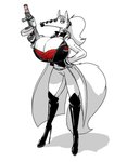 anthro big_breasts boots bra breasts cleavage clothed clothing female footwear gun hair hand_on_hip high_heeled_boots high_heels huge_breasts lace_bra legwear lips lipstick long_coat long_hair looking_at_viewer machine_gun makeup midriff ponytail pose ranged_weapon red_eyes shadow shoes simple_background solo standing stiletto_heels submachine_gun suit thigh_boots thigh_highs thompson_gun three-quarter_view underwear weapon white_background drakecreator tobiness anteater mammal pilosan xenarthran digital_drawing_(artwork) digital_media_(artwork) full-length_portrait hi_res portrait restricted_palette shaded simple_shading