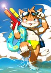 3_toes 5_fingers anthro biped blue_eyes bulge claws feet fingers fur heterochromia holding_object holding_water_gun inflatable inner_ear_fluff inner_tube kemono male orange_body orange_fur pawpads solo tail toes tongue tongue_out toy toy_gun tuft water water_gun yellow_eyes young young_anthro young_male nakayan domestic_cat felid feline felis mammal hi_res