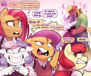 anthro arm_hair blonde_hair body_hair bracelet clothing dialogue eyelashes female freckled_arms freckled_ears freckled_face freckles glistening_eyelids group hair heart_symbol horn jewelry long_eyelashes male text xconitox friendship_is_magic hasbro my_little_pony mythology apple_bloom_(mlp) babs_seed_(mlp) big_macintosh_(mlp) cheerilee_(mlp) scootaloo_(mlp) sweetie_belle_(mlp) earth_pony equid equine horse mammal mythological_creature mythological_equine pony unicorn english_text hi_res
