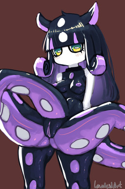 anthro anus areola black_body black_hair blush blush_lines breasts brown_background eyelashes female front_view genitals green_eyes hair horizontal_pupils long_hair mouthless nipples nude pupils purple_areola purple_body purple_nipples purple_vulva simple_background small_breasts solo spread_legs spreading tentacle_legs thick_thighs vulva white_body wide_hips lewdsidart palworld pocketpair gloopie pal_(species) absurd_res hi_res