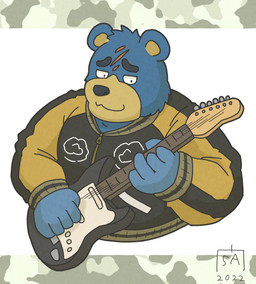anthro black_nose blue_body blue_fur clothed clothed_anthro clothed_male clothing electric_guitar fur guitar holding_guitar holding_musical_instrument holding_object humanoid_hands kemono male male_anthro mouth_closed musical_instrument overweight overweight_anthro overweight_male plucked_string_instrument round_ears scar solo string_instrument goyemon_k animal_crossing nintendo groucho_(animal_crossing) bear mammal 2022