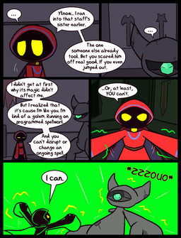 2_horns black_body blue_clothing blue_hood blue_robe cape clothing dialogue duo ellipsis grey_body horn inside leo_the_magi long_sleeves magic male motion_lines mouthless onomatopoeia raised_arms red_cape red_clothing red_hood red_robe robe rock sound_effects speech_bubble text yellow_eyes ultilix jewish_mythology mythology leo_the_magician elemental_creature humanoid mineral_fauna mythological_creature mythological_golem rock_creature shadow_creature 2026 comic english_text hi_res