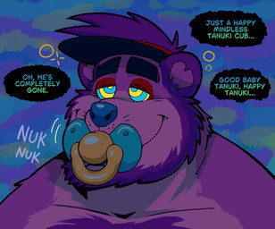 ageplay anthro beard blue_pacifier body_hair chest_hair clothing cross-eyed facial_hair fur hat headgear headwear hypnosis infantilism male mind_control object_in_mouth offscreen_character offscreen_dominant overweight overweight_male pacifier pacifier_in_mouth pink_body pink_fur ringed_eyes roleplay smile solo speech_bubble text visor_cap anothermeekone meek_(character) canid canine mammal raccoon_dog tanuki 2026 digital_media_(artwork) english_text hi_res