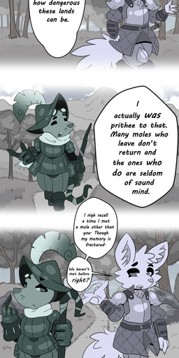 anthro armor dialogue duo fantasy male melee_weapon simple_coloring sword text weapon critters_of_evervail liam_(critters_of_evervail) volf_(critters_of_evervail) canid canine canis coyote eulipotyphlan mammal mole_(animal) absurd_res comic english_text hi_res long_image tall_image