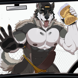 abs anthro barazoku bulge claws clothing erection eyebrows foreskin fur genitals glans hat headgear headwear looking_at_viewer male navel open_mouth pecs penis solo sponge tail teeth tongue tongue_out white_body white_fur wolfybuns napples canid canine canis mammal wolf 1:1 digital_drawing_(artwork) digital_media_(artwork) hi_res