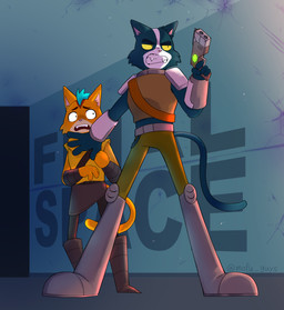 anthro blue_body blue_fur duo fur hallway holding_object holding_ranged_weapon holding_weapon male orange_body orange_fur ranged_weapon weapon mofu_guys final_space avocato little_cato felid feline mammal ventrexian hi_res