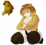 5_fingers big_breasts breasts cleavage clothed clothing female fingers hair jacket legwear lidded_eyes looking_at_viewer simple_background smile solo thick_thighs thigh_highs topwear underwear white_background nezulet dogelore cheems animal_humanoid canid canid_humanoid canine canine_humanoid canis dog_humanoid domestic_dog human humanoid mammal mammal_humanoid shiba_inu spitz meme reference_image