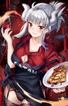 apron breasts clothing container cup drinking_glass female food garter_straps glass glass_container glass_cup grey_hair hair horn looking_at_viewer not_furry pancake red_eyes solo spade_tail tail text text_on_apron text_on_clothing underwear wine_glass squchan helltaker lucifer_(helltaker) demon demon_humanoid humanoid 2020 hi_res