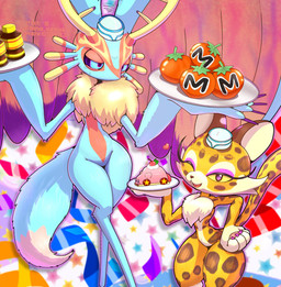 abstract_background ambiguous_gender anniversary anthro antlers beverage biped bodily_fluids brown_body brown_fur cake car-mouth_cake chest_tuft claws colored_nails confetti countershade_torso countershading dessert digitigrade dipstick_tail duo emanata embarrassed energy_drink eyeshadow female fingernails fluffy fluffy_tail food frustration_cloud fur hand_on_hip hand_on_own_hip head_wings heart_symbol holding_object holding_plate horn huge_wings looking_at_viewer makeup markings maxim_tomato mouthless multicolored_body multicolored_eyes multicolored_fur nails narrowed_eyes neck_tuft one_eye_closed orange_body orange_fur pink_eyes plate pupils purple_claws purple_eyes purple_eyeshadow purple_fingernails purple_nails purple_sclera simple_background size_difference spots spotted_body spotted_fur spotted_markings spotted_tail star_polygon sweat sweatdrop tail tail_markings tan_body tan_fur teal_body teal_eyes teal_fur text thick_thighs three-quarter_view tuft unusual_wing_placement wearing_hat white_background wide_hips wings wink winking_at_viewer yellow_sclera ebino_senaka kirby's_anniversary kirby_(series) kirby_and_the_forgotten_land nintendo clawroline fecto_elfilis alien chinchilla chinchillid felid leopard mammal pantherine rodent starling_(kirby) 2026 artist_name digital_drawing_(artwork) digital_media_(artwork) english_description hi_res japanese_description watermark
