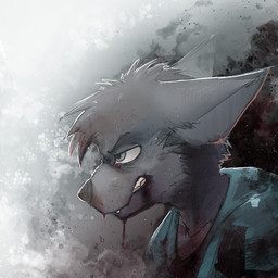 abstract_background adolescent anthro black_body black_fur blood blue_eyes bodily_fluids clenched_teeth clothing fur male shirt side_profile solo teeth tired topwear young young_anthro dakkawoof dakka canid canine canis mammal wolf 1:1 2025 hi_res