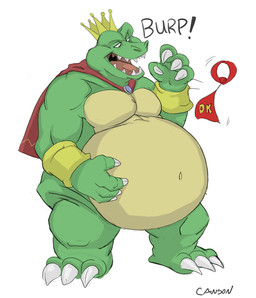 3_toes 4_fingers anthro belly biceps big_belly biped bottomless bracelet burping cape cape_only claws clothed clothing crown discarded_clothing fangs feet finger_claws fingers front_view gem gold_(metal) gold_bracelet gold_jewelry green_body green_scales hand_on_belly headgear holding_belly jewelry male mostly_nude musclegut muscular muscular_anthro muscular_male navel necktie obese obese_anthro obese_male onomatopoeia open_mouth oral_vore outie_navel overweight overweight_anthro overweight_male pecs plantigrade quads scales sharp_teeth simple_background snout soft_vore solo sound_effects standing teeth text toe_claws toes topless uvula vore white_background canson donkey_kong_(series) nintendo king_k._rool crocodile crocodilian kremling reptile scalie 2015 digital_media_(artwork) signature