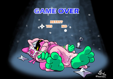 3_toes anthro feet female foot_focus game_over gameplay_mechanics lying lying_on_ground on_ground paws solo toes unconscious innerkero keroberry1 natsuko_(keroberry1) amphibian frog hi_res