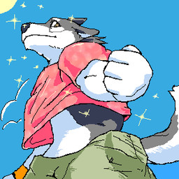 anthro black_nose bottomwear clothing fur grey_body grey_fur kemono outside pants shirt solo sun topwear white_body white_fur leoponleopon canid canine canis mammal wolf 1:1 2006 digital_media_(artwork) low_res oekaki