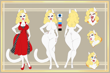 anthro big_breasts blonde_hair blue_eyes border breasts cleavage clothed clothing curly_hair dress female footwear fur hair hand_on_hip high_heels housewife lipstick long_hair makeup multiple_angles multiple_expressions navel rear_view red_clothing red_dress red_footwear red_high_heels red_lipstick shoes smile solo white_body white_fur yellow_border micki stepford_(stepford) domestic_cat felid feline felis mammal full-length_portrait hi_res model_sheet portrait