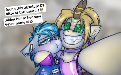 bell bell_collar blue_clothing blue_eyes blue_hair blush caption clothing cloven_hooves collar duo fangs female feral gynomorph hair hooves horn hug intersex latex pink_clothing selfie smile teeth text krd hasbro my_little_pony mythology fan_character hanami_(krd) misty_(krd) dragon earth_pony equid equine horse kirin mammal mythological_creature mythological_scalie pony scalie english_text hi_res trans_(lore) trans_woman_(lore)