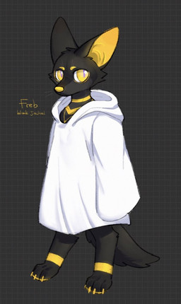 anthro black_body black_ears black_fur blue_pupils clothed clothing fur glistening glistening_eyes head_tuft hoodie looking_aside male pupils simple_background solo standing three-quarter_view topwear tuft unsigned white_clothing white_hoodie white_topwear yellow_body yellow_eyes yellow_fur yellow_inner_ear yellow_nose asnnonaka freb_(asnnonaka) canid canine canis jackal mammal full-length_portrait portrait
