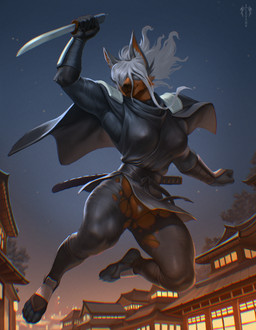 anthro black_body black_fur breasts clothing ears_up female fur genitals hair katana melee_weapon multicolored_body multicolored_fur night ninja orange_body orange_fur solo sword torn_clothing two_tone_body two_tone_fur vulva warrior weapon white_hair levsha nintendo pokemon kayla_(erohr) generation_8_pokemon pokemon_(species) thievul 2025 digital_media_(artwork)