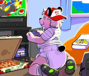 anthro backwards_baseball_cap backwards_hat baseball_cap bear_ears bear_tail box clean_diaper clothed clothing container controller crt diaper electronics food footwear fur game_controller gamecube_controller gaming hair hat headgear headwear holding_controller holding_object inside kneeling kneeling_on_ground looking_at_television male nintendo_controller orange_eyes pantsless peekabu_(diaper) pink_body pink_fur pink_hair pizza pizza_box playing_video_game puffed_cheeks rear_view shirt shoes smile solo television toddler topwear window young rainydays abuniverse gamecube nintendo peekabu max(rainydays) bear mammal hi_res