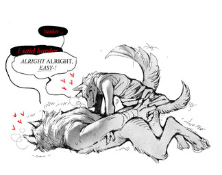 ambiguous_penetration anthro anthro_on_anthro anthro_penetrated anthro_penetrating arm_wrapping arm_wraps blush bodily_fluids bottomless butt butt_grab claws clothed clothing command dialogue dominant dominant_male duo eyes_closed fluffy fluffy_tail from_behind_position fuzzy gown grin hand_on_butt heart_symbol intraspecies larger_penetrated looking_pleasured lying male male/male motion_lines nude obscured_penetration on_front partially_clothed penetration pointy_ears power_bottom prick_ears raised_tail reaching reaching_back sex shaking side_view simple_background size_difference small_dom_big_sub smile speech_bubble sweat tail teeth text tremble_spikes trembling waist_grab white_background wrapped_arms wraps scribbleshanks dreamworks puss_in_boots_(franchise) shrek_(series) big_bad_wolf_(shrek) death_(puss_in_boots) canid canine canis mammal wolf monochrome trans_(lore) trans_man_(lore)